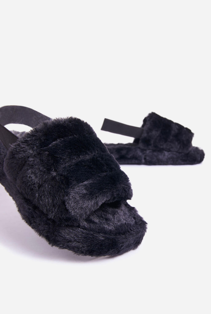 Studio Strap Fluffy Slippers In Black Faux Fur STUDIOSODA